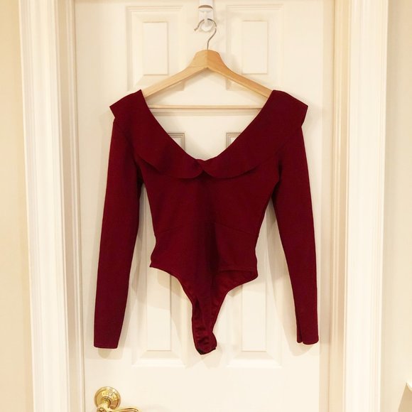 Boohoo Dark Red Ruffle Long Sleeved Bodysuit - Picture 6 of 7